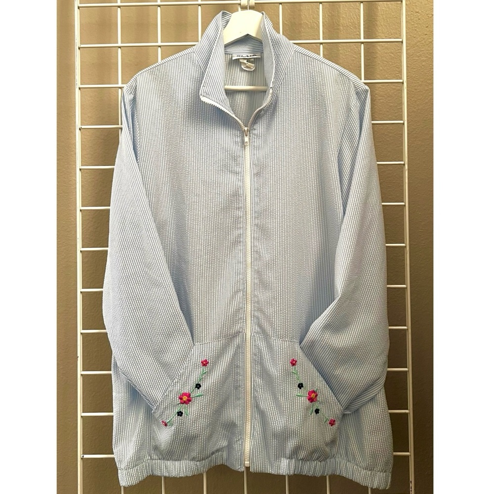 Vintage Seersucker Striped Bomber Jacket Floral Embroidered Light Blue